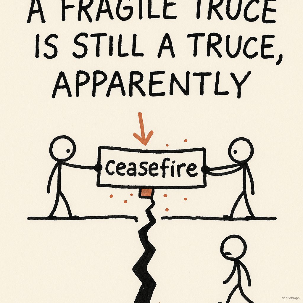 A hand-drawn doodle of two stick figures holding a taped-together ceasefire sign over a crack in the ground, with the caption 'A fragile truce is still a truce, apparently' above it.