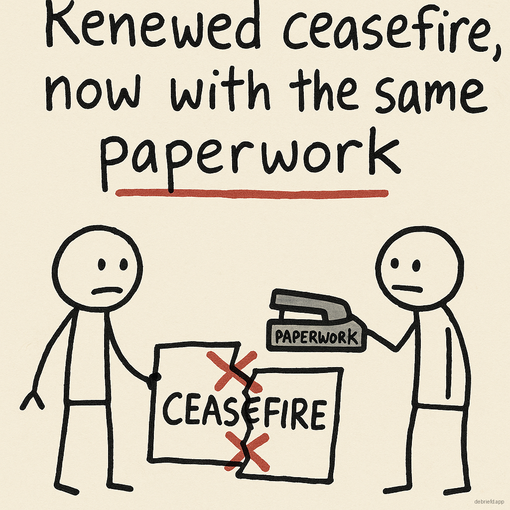 A doodle of two stick figures beside a torn ceasefire sign taped back together, with the caption 'Renewed ceasefire, now with the same paperwork'.