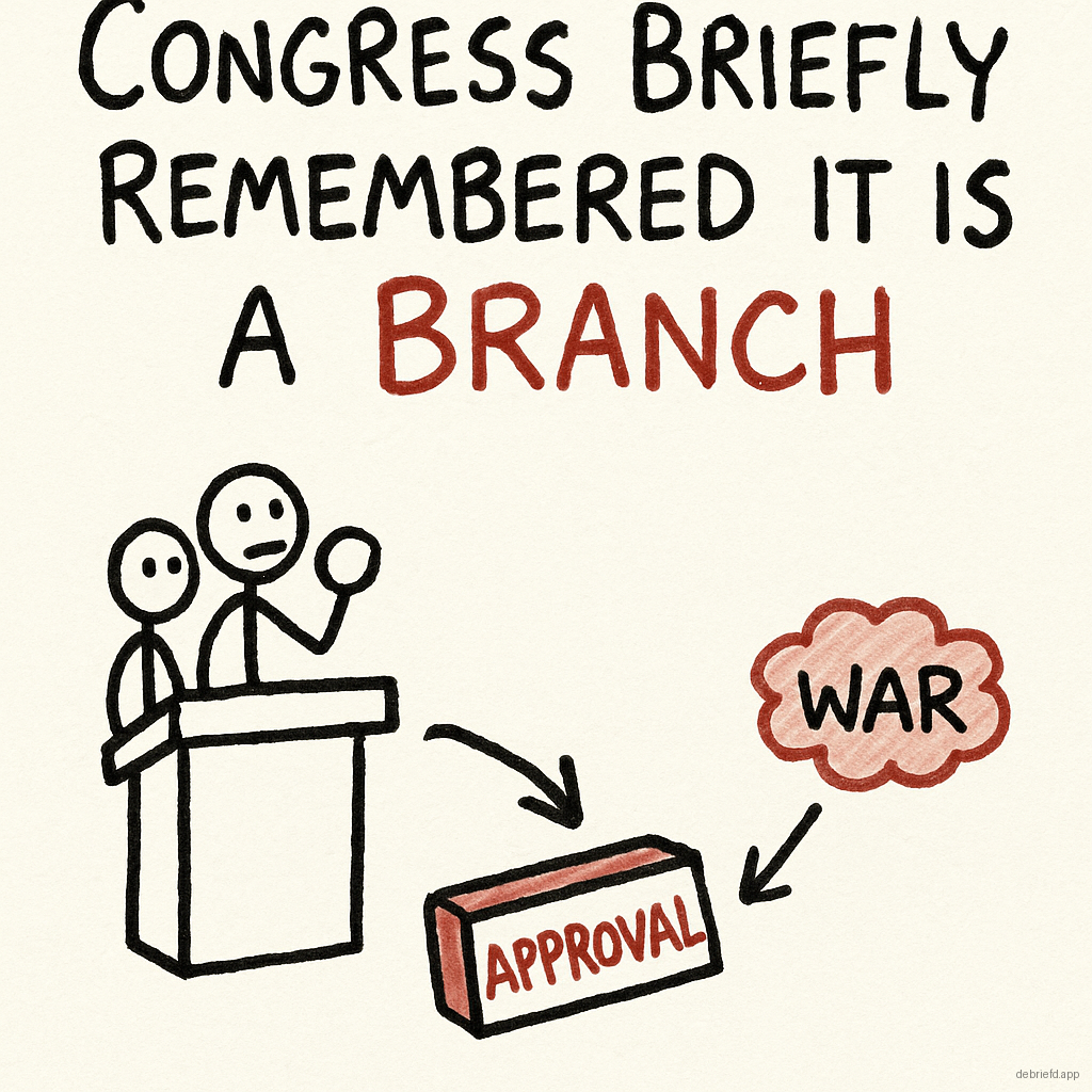 A stick-figure Congress stands by a crooked approval stamp while a tiny war cloud drifts away; caption says Congress briefly remembered it is a branch.