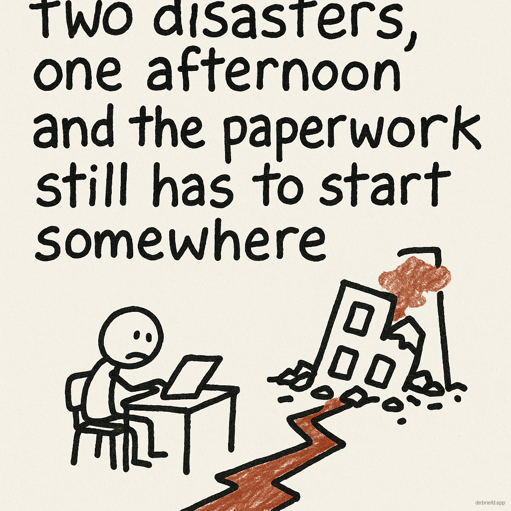 Two disasters, one afternoon, and the paperwork still has to start somewhere