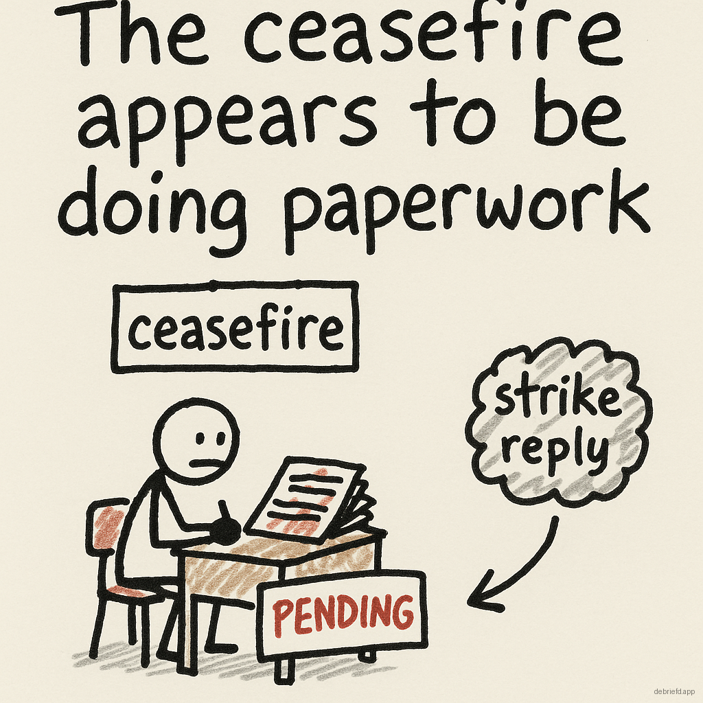 A stick figure at a desk under a sign reading ceasefire, with papers and an arrow labeled strike and reply, and the caption 'The ceasefire appears to be doing paperwork' above it.