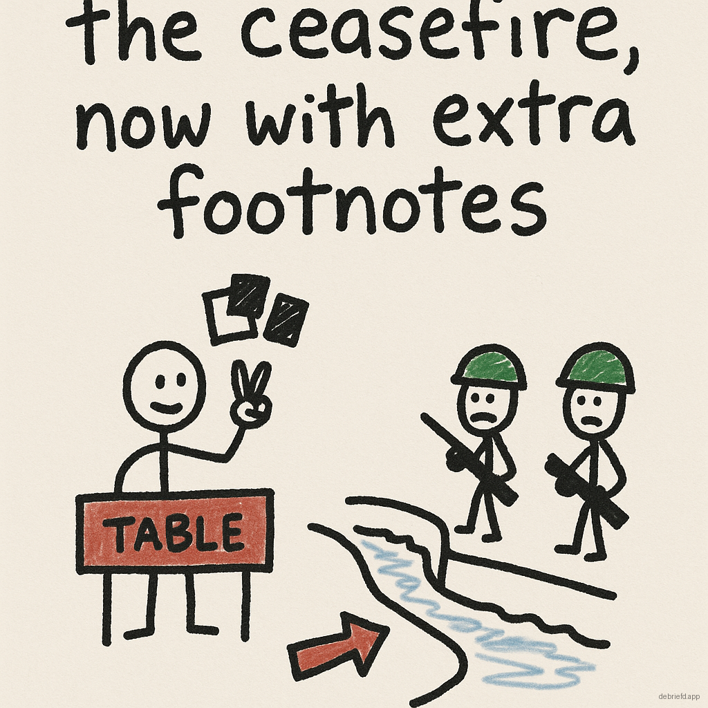 A stick-figure diplomat sits at a table with taped-over peace notes and a guarded waterway, under the caption The ceasefire, now with extra footnotes.