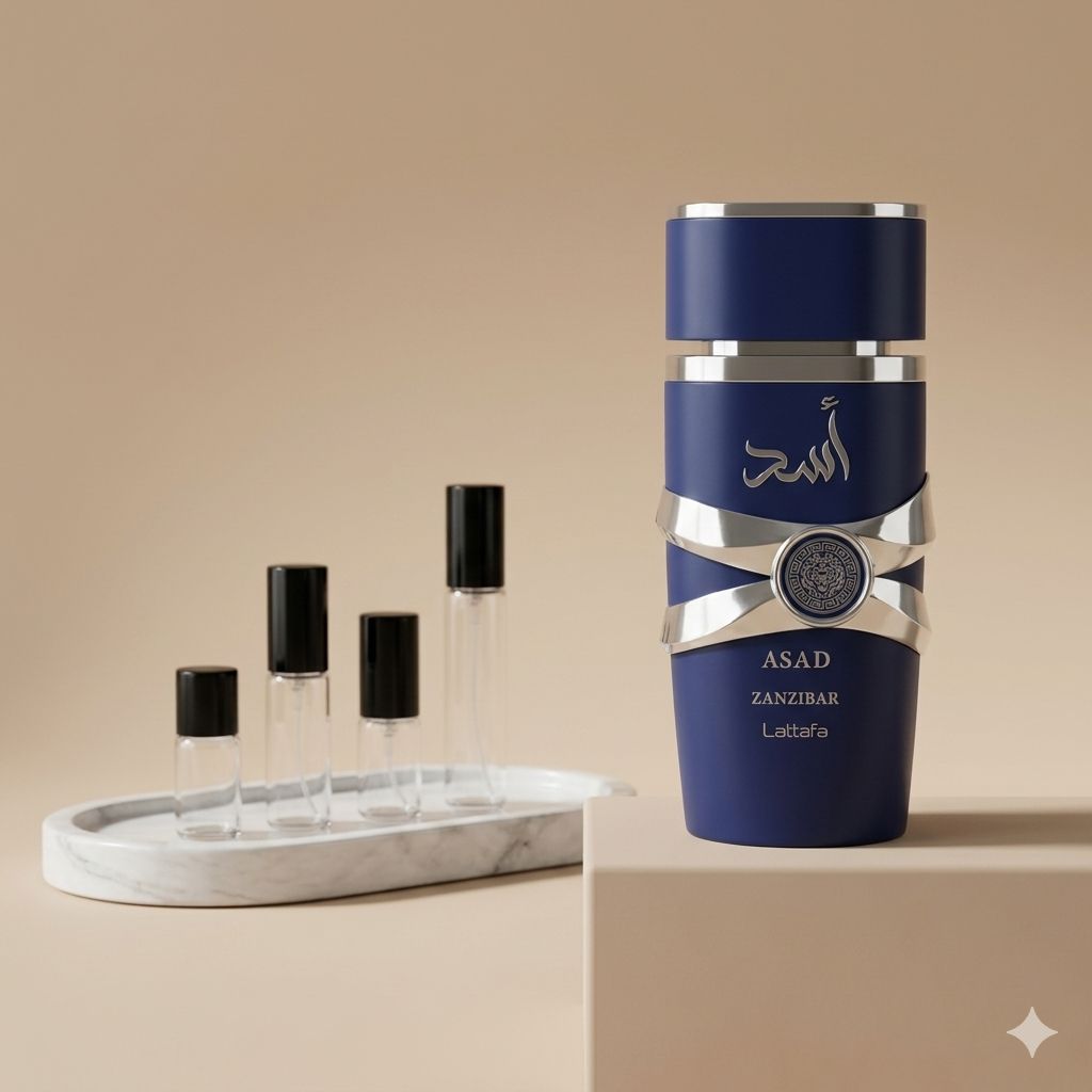 Lattafa Asad Zanzibar perfume decant bottle