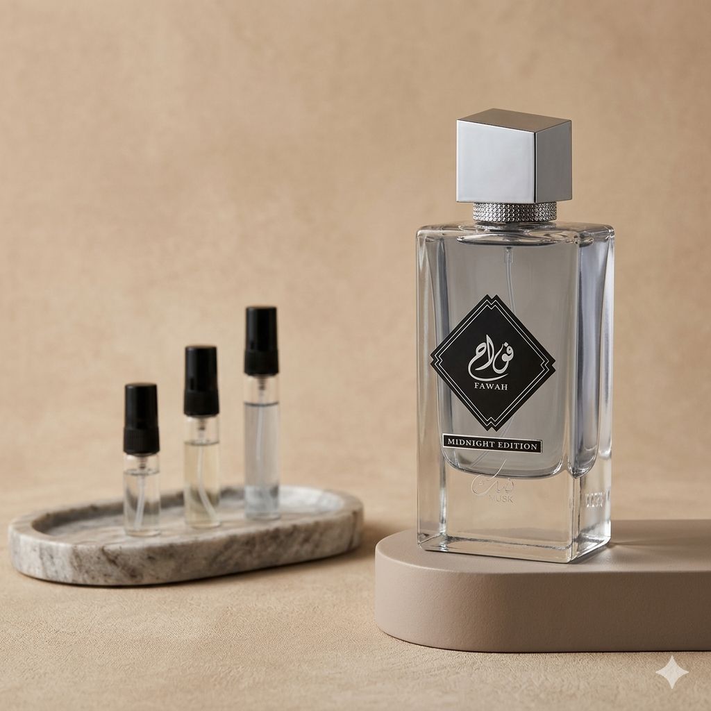 Nusk Fawa Midnight perfume decant bottle