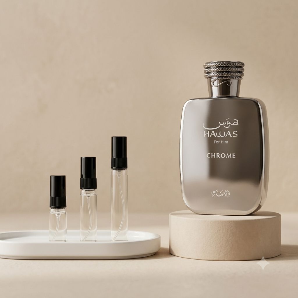 Rasasi Hawas Chrome perfume decant bottle