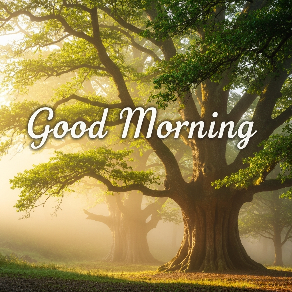 A good morning meme with a misty forest scene and uplifting text.