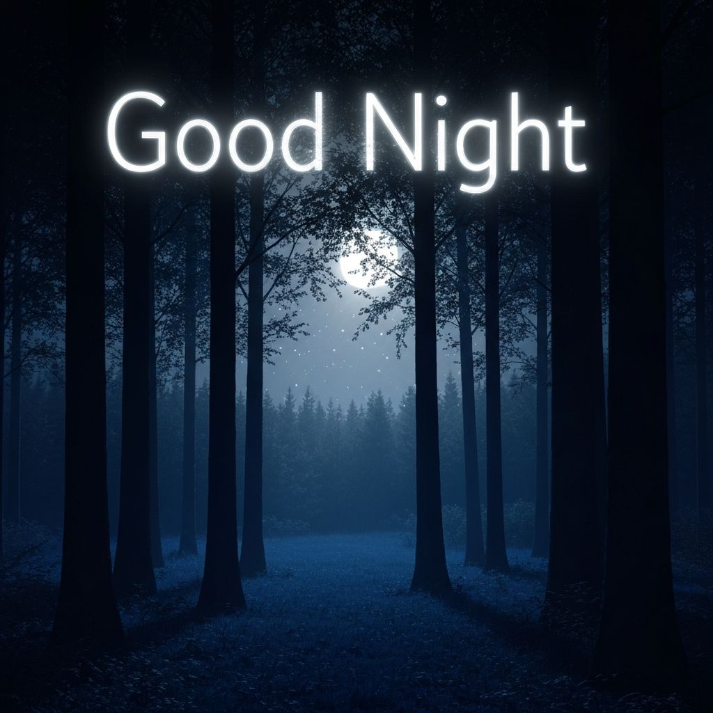 A serene and beautiful good night image of a peaceful forest at midnight.