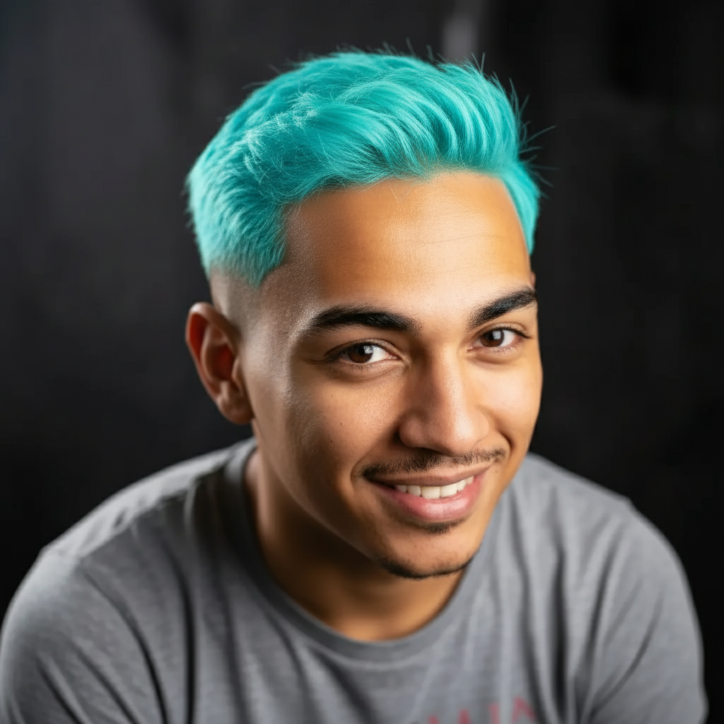 A creative example of a neon blue hairstyle generated by an AI.