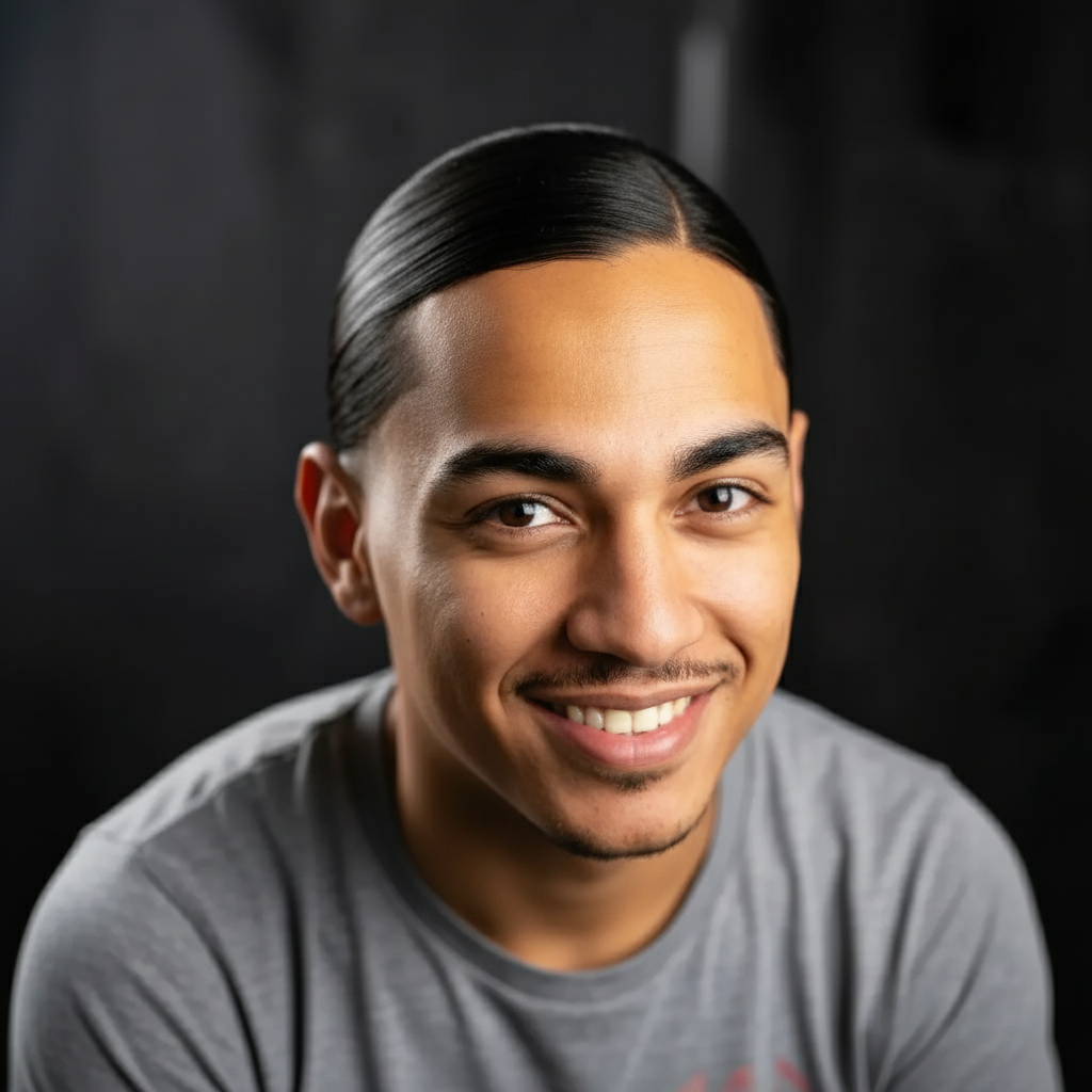 An AI generated image showing a man with smooth hair, created by the hairstyle changer.