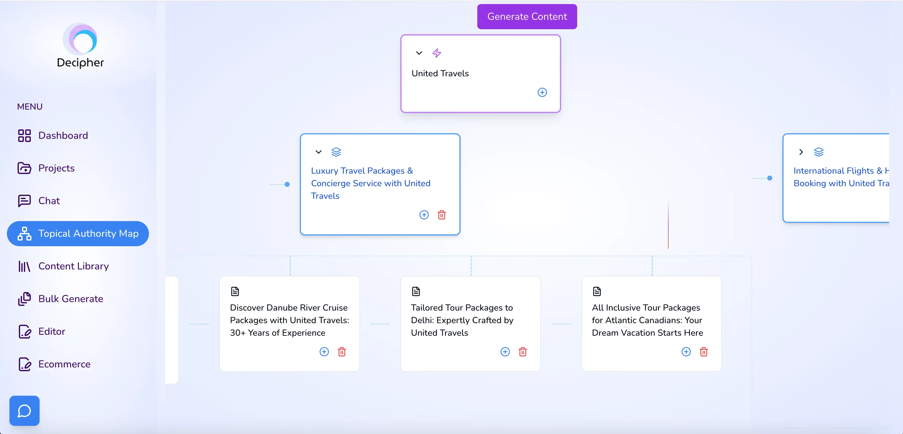 view of decipher seo topical authority map