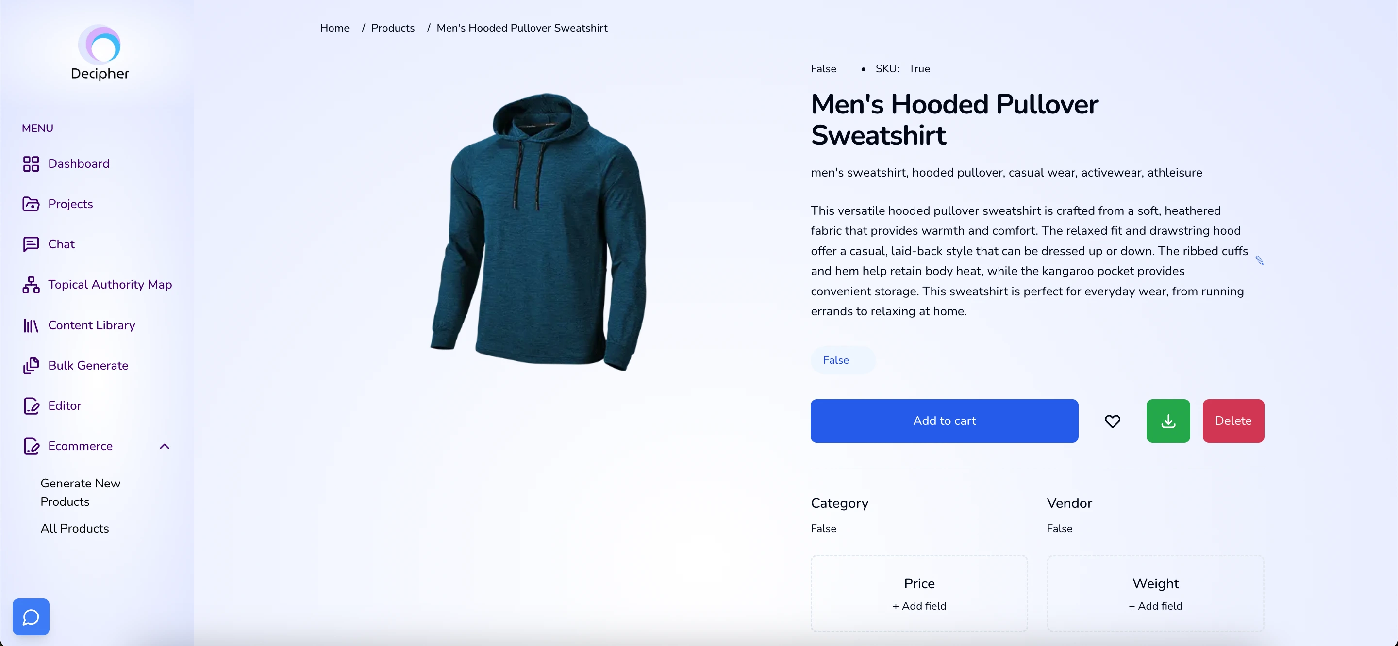 decipher seo product description tool