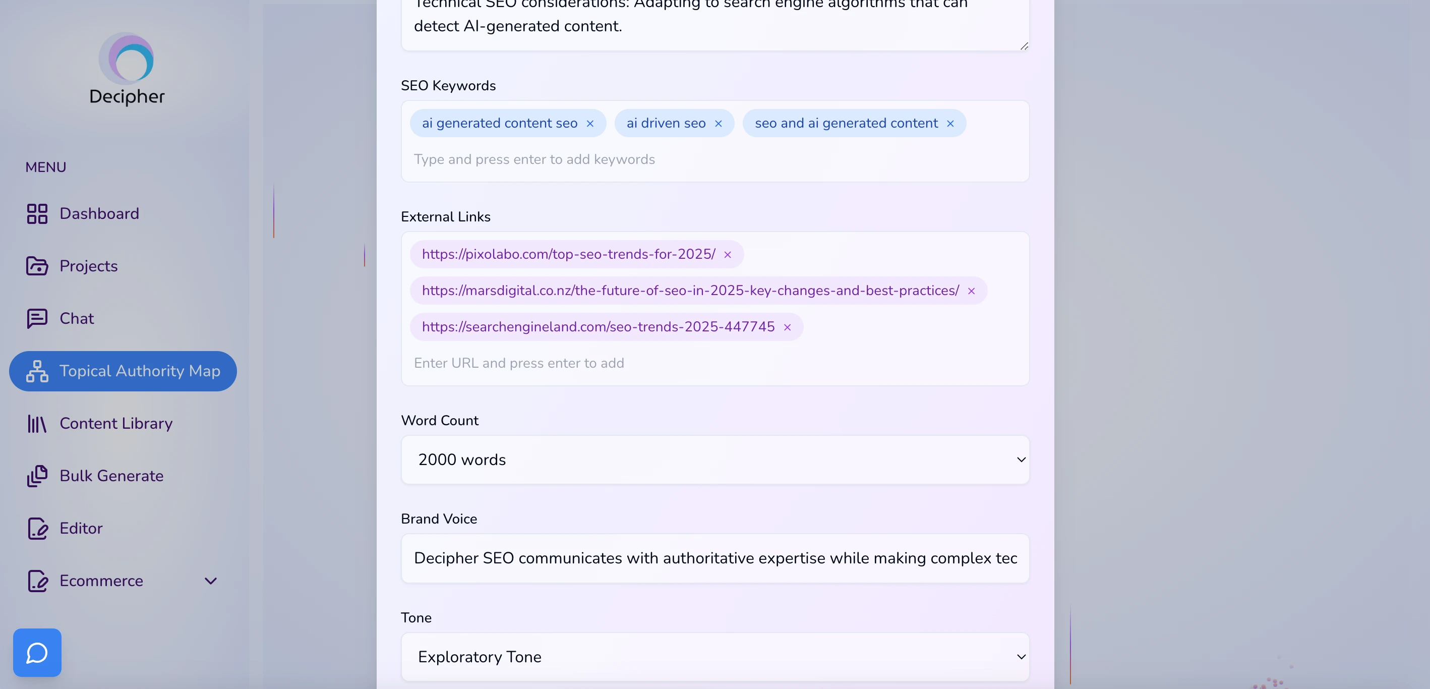 enter your brand voice to Decipher SEO