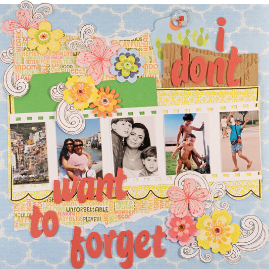Layout de scrap contêm carimbos, glitter e cores suaves
