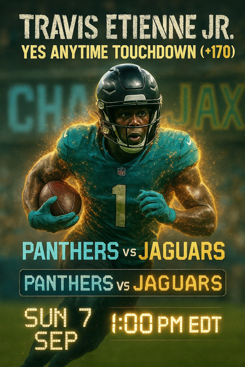 AI-generated detailed analysis visual for Travis Etienne Jr. showing key statistics and insights