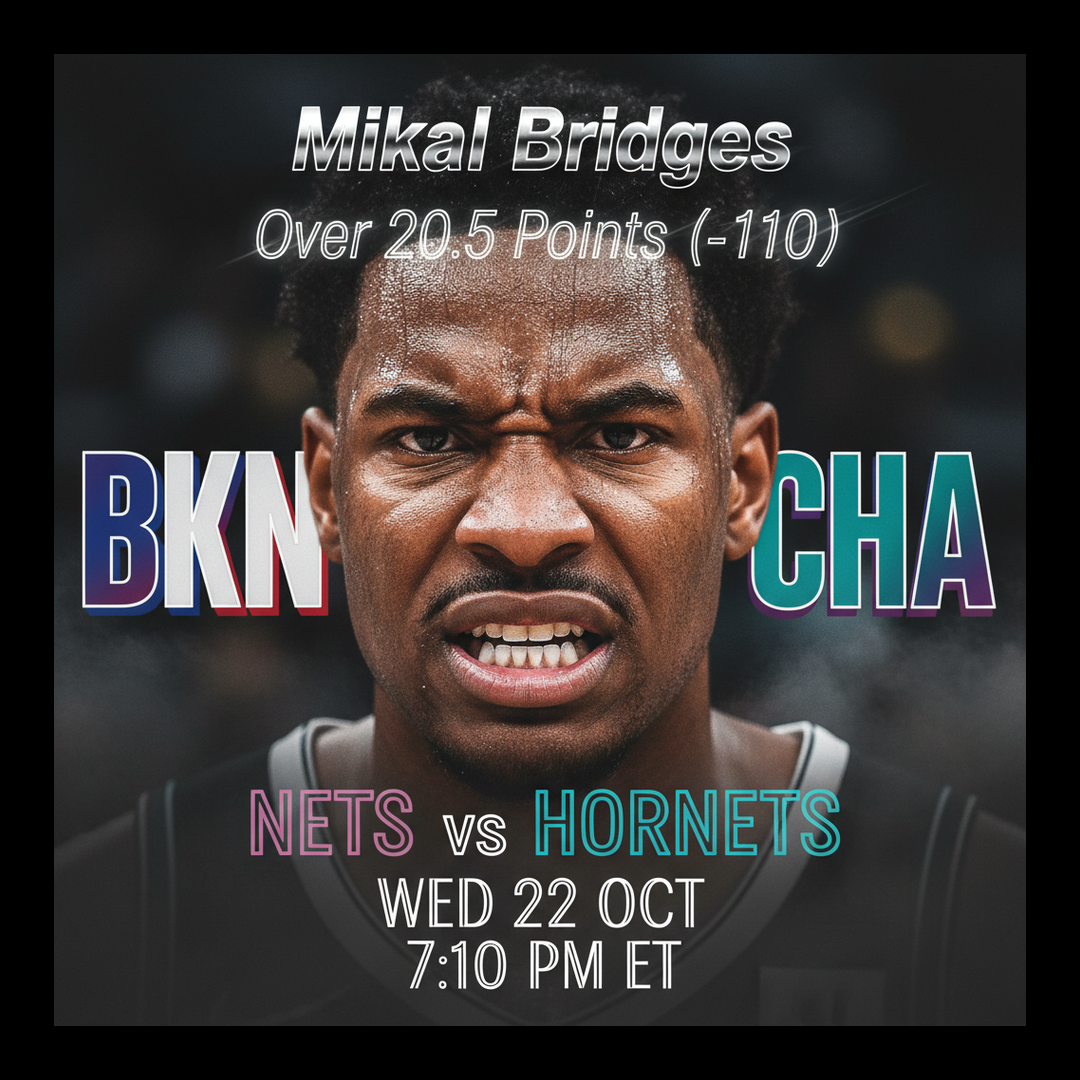 AI-generated detailed analysis visual for Mikal Bridges showing key statistics and insights