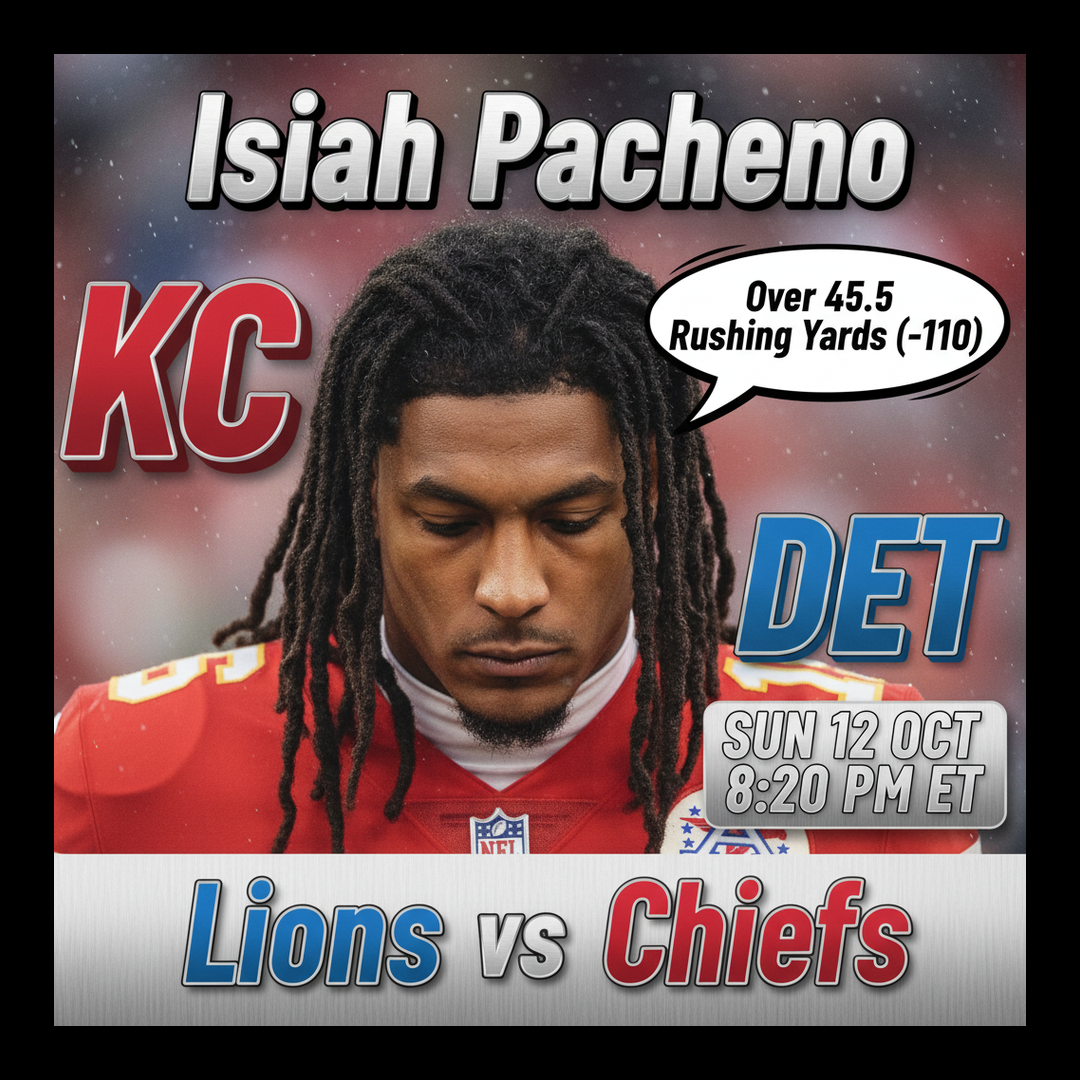 AI-generated detailed analysis visual for Isiah Pacheco showing key statistics and insights