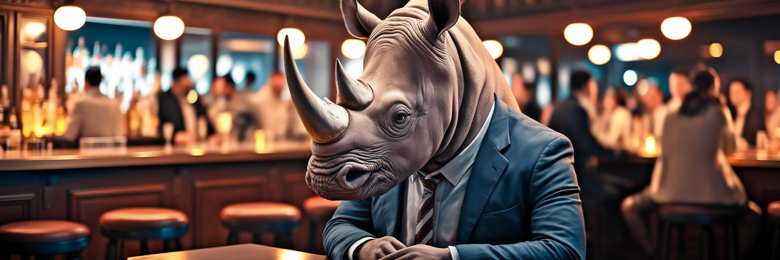 Generate a photo of a rhino with a suit