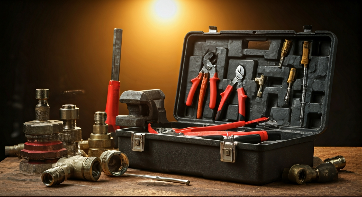 Professional photo of a clean and organized toolbox with various plumbing tools laid out neatly on a