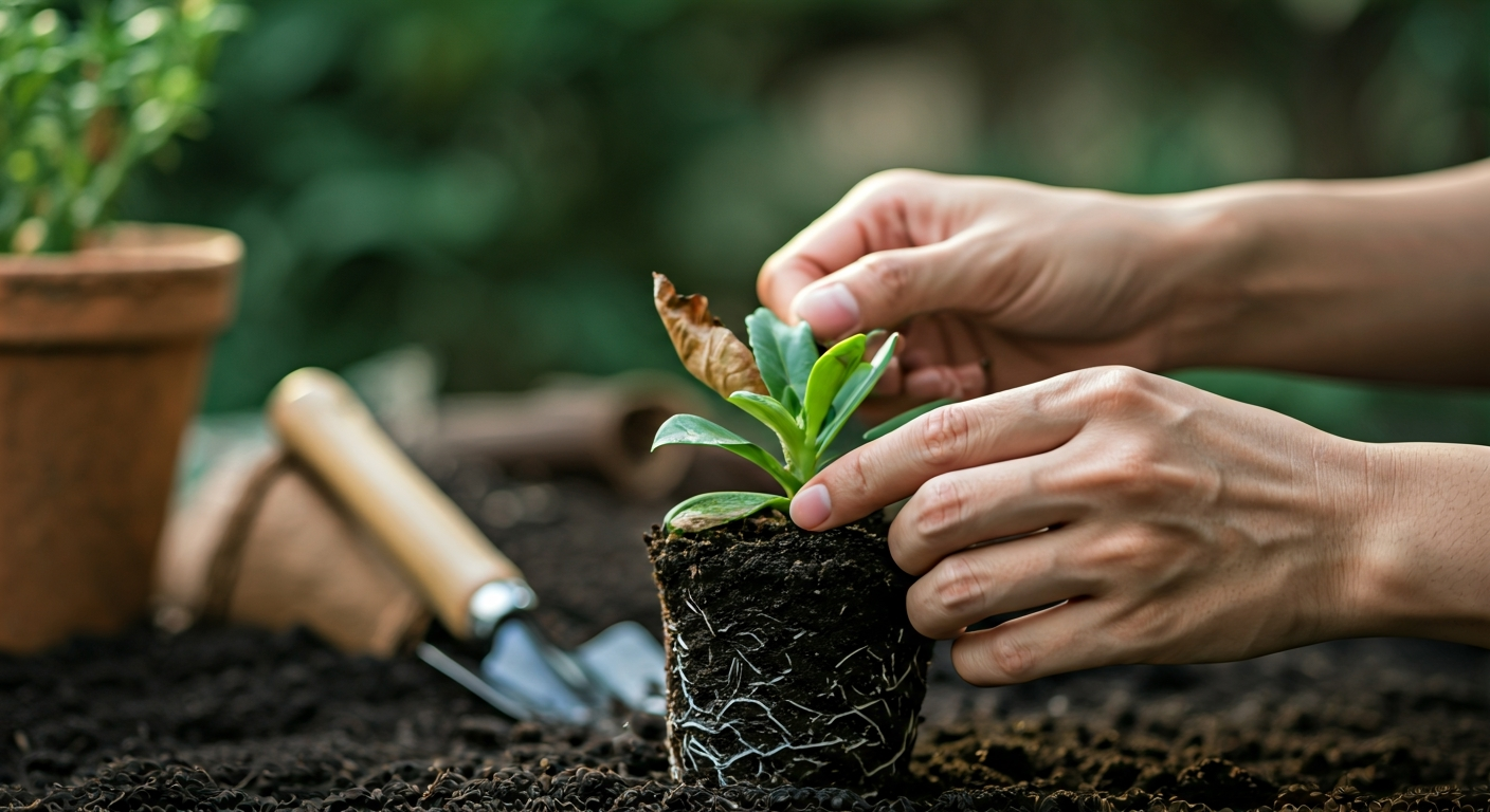 Close-up professional photo of hands carefully tending to a plant, removing a dry leaf, with soil an
