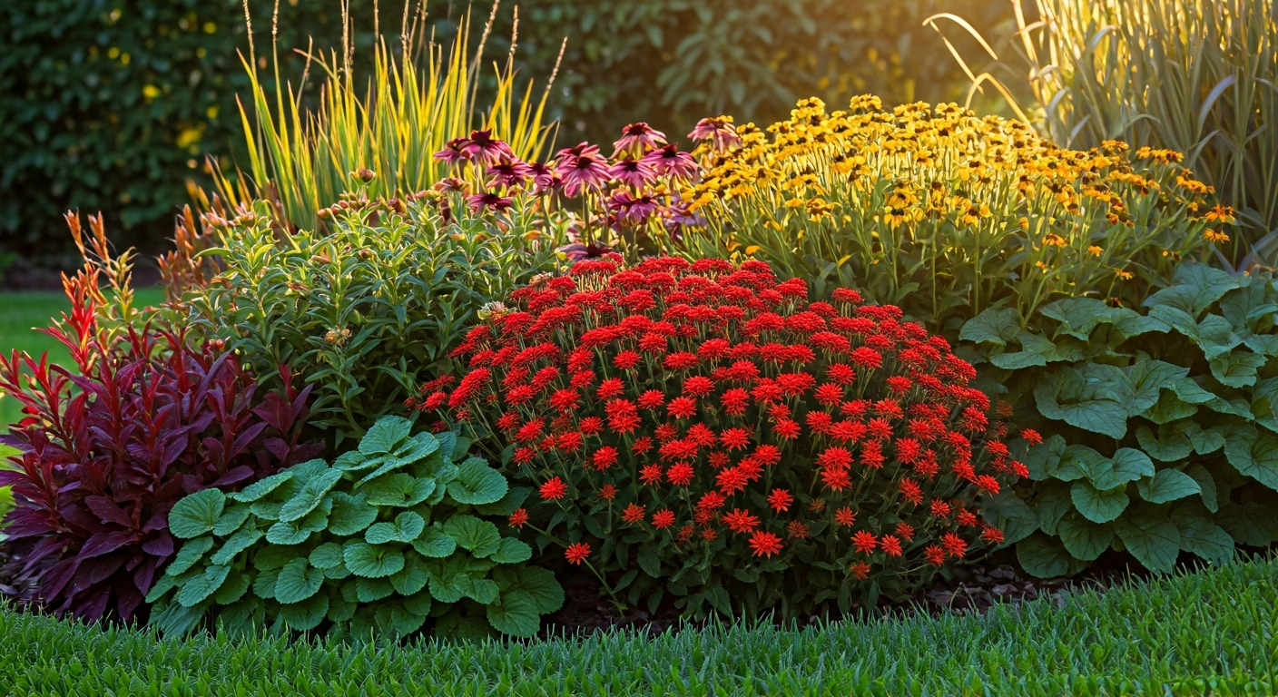 Professional photo of a well-maintained garden bed with a variety of autumn flowers and foliage, sho
