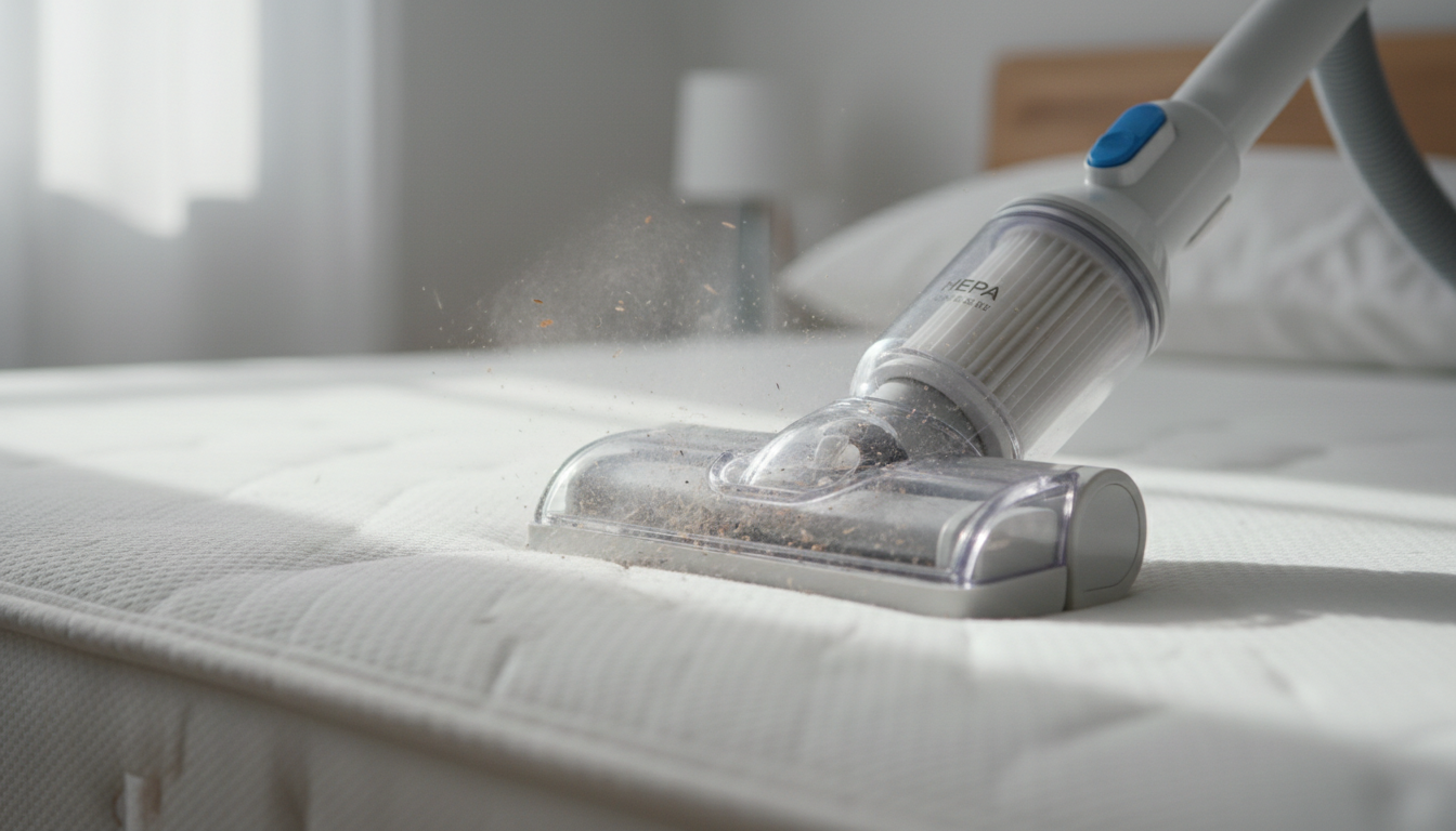 Close-up professional photo of a person using a specialized vacuum cleaner with a HEPA filter attach
