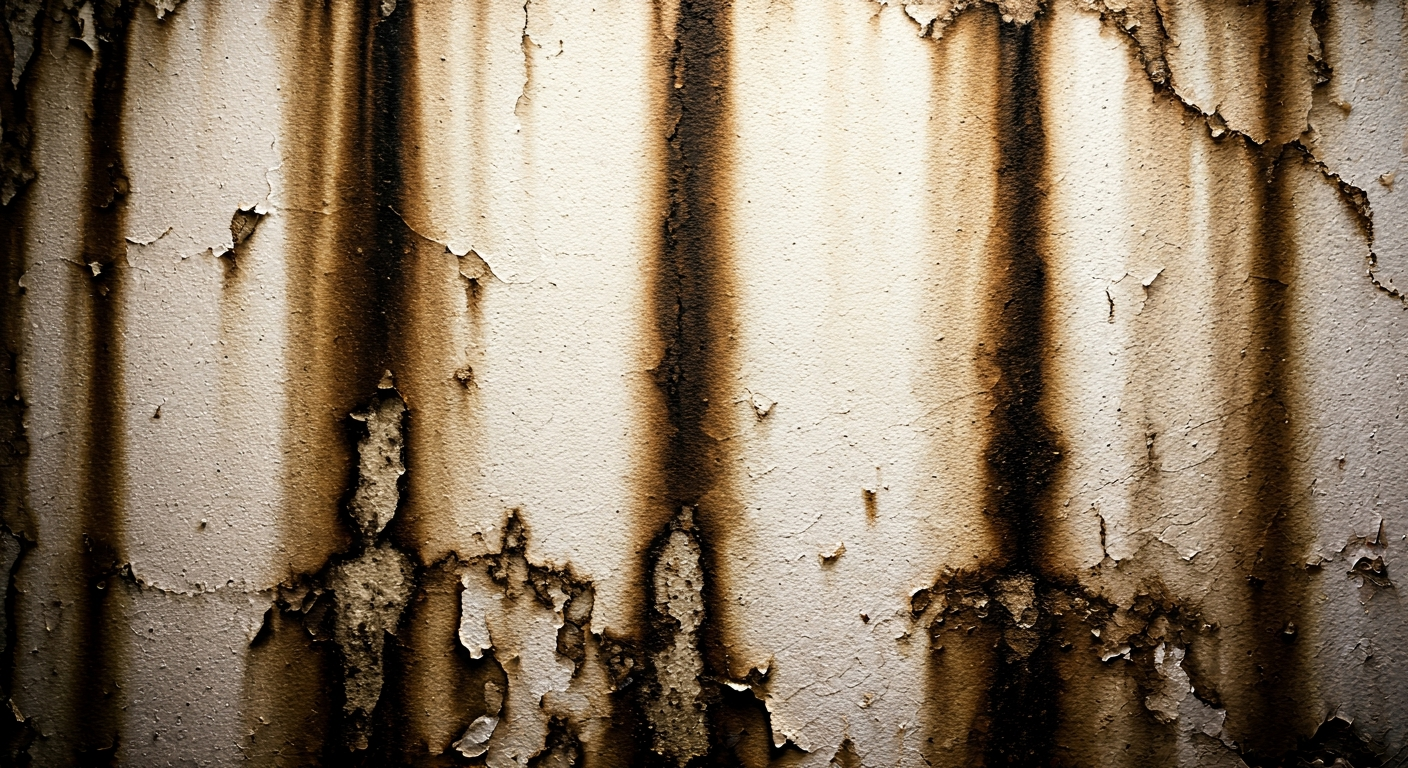 Close-up professional photo of a wall with visible signs of water damage, such as peeling paint and
