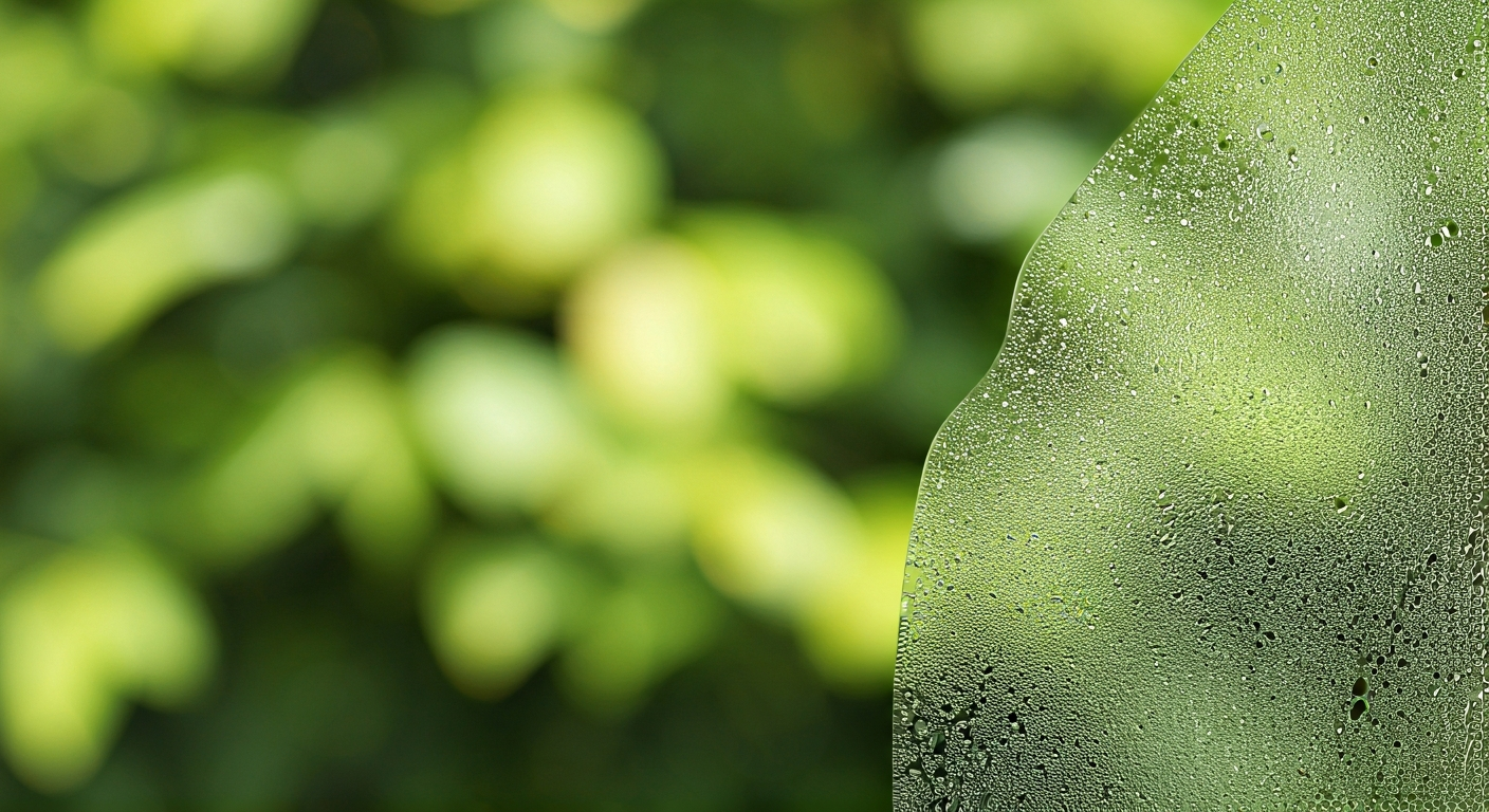 Professional close-up photo of a sparkling clean window pane with a blurred background of lush green