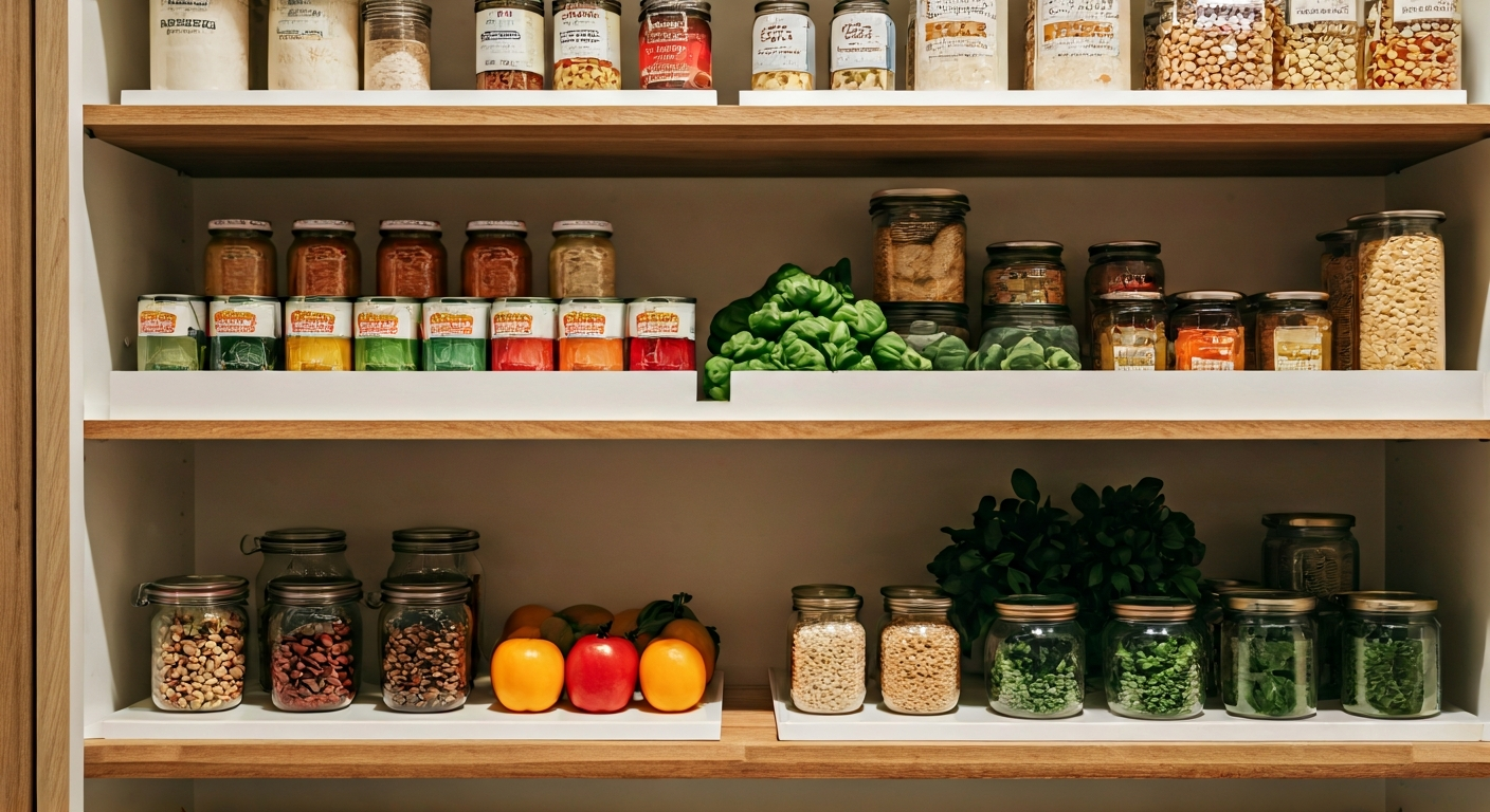 Professional photo of a tidy, organized kitchen pantry with shelves neatly arranged with jars, cans,