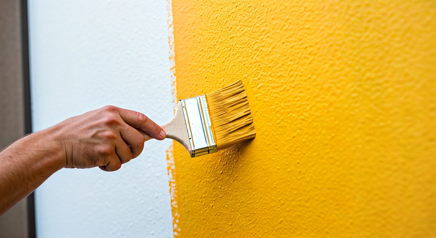 Close-up photo of a professional painter meticulously applying a fresh coat of paint to a house's ex