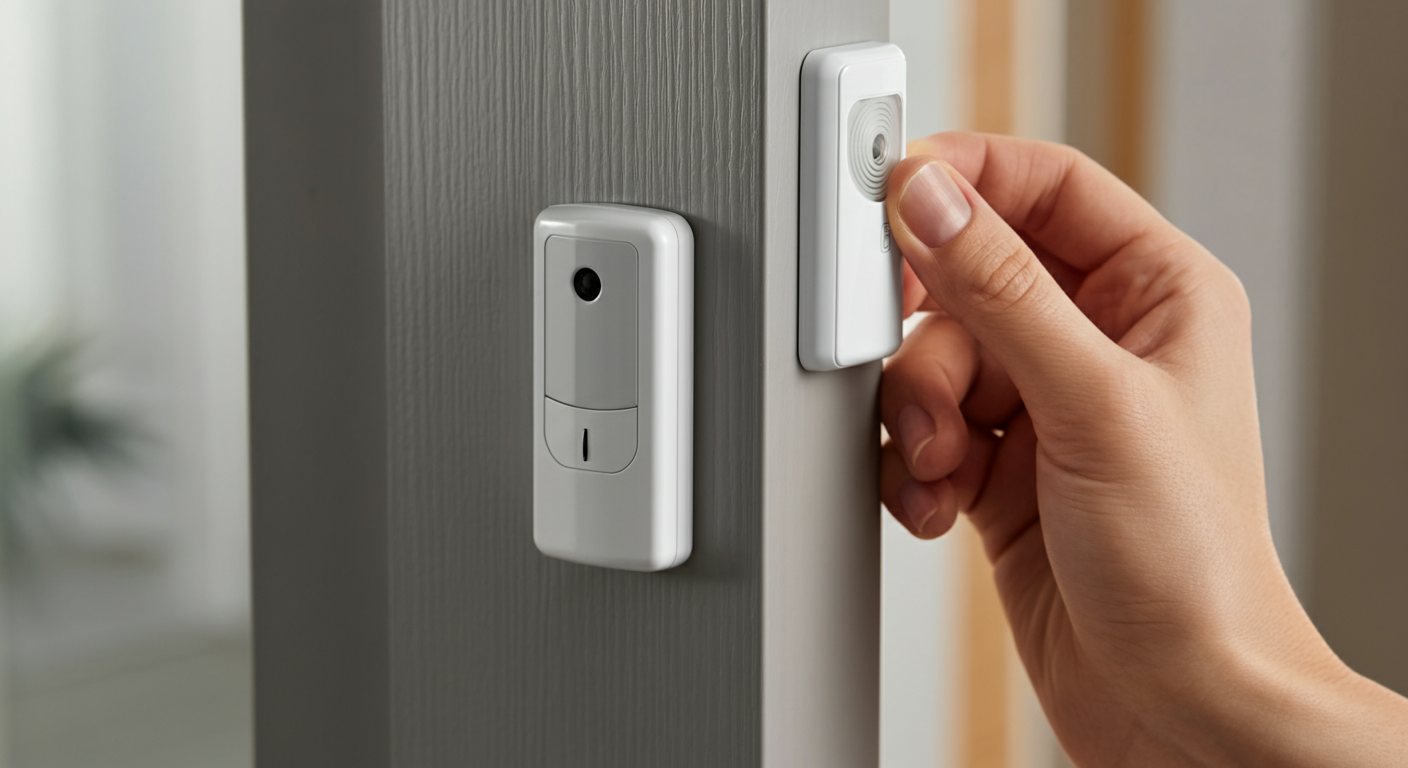 Close-up photo of a hand carefully installing a wireless door/window sensor onto a clean, modern doo