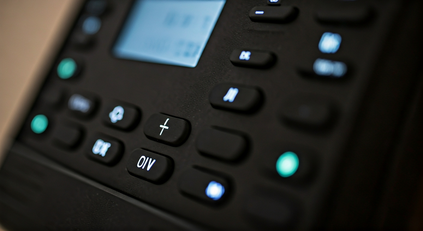 Close-up photo of a home security system control panel with illuminated buttons and a small screen,