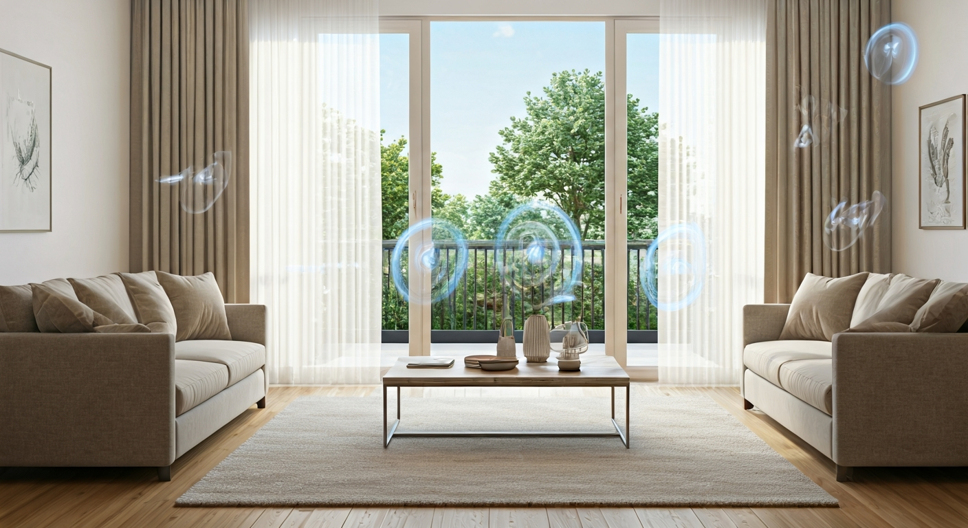 Professional photo of a living room interior with strategically placed motion sensors and window sen