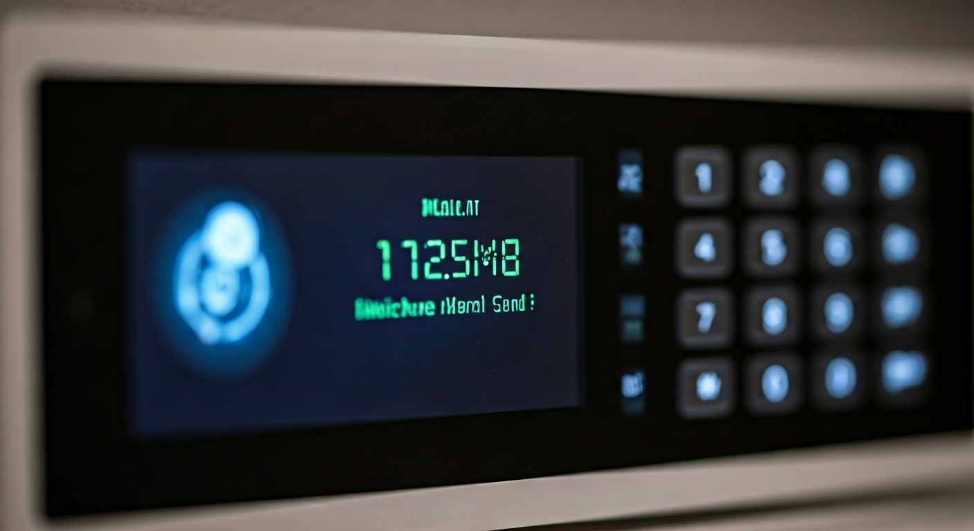 Close-up photo of a sophisticated home security system control panel with a user interface, showcasi