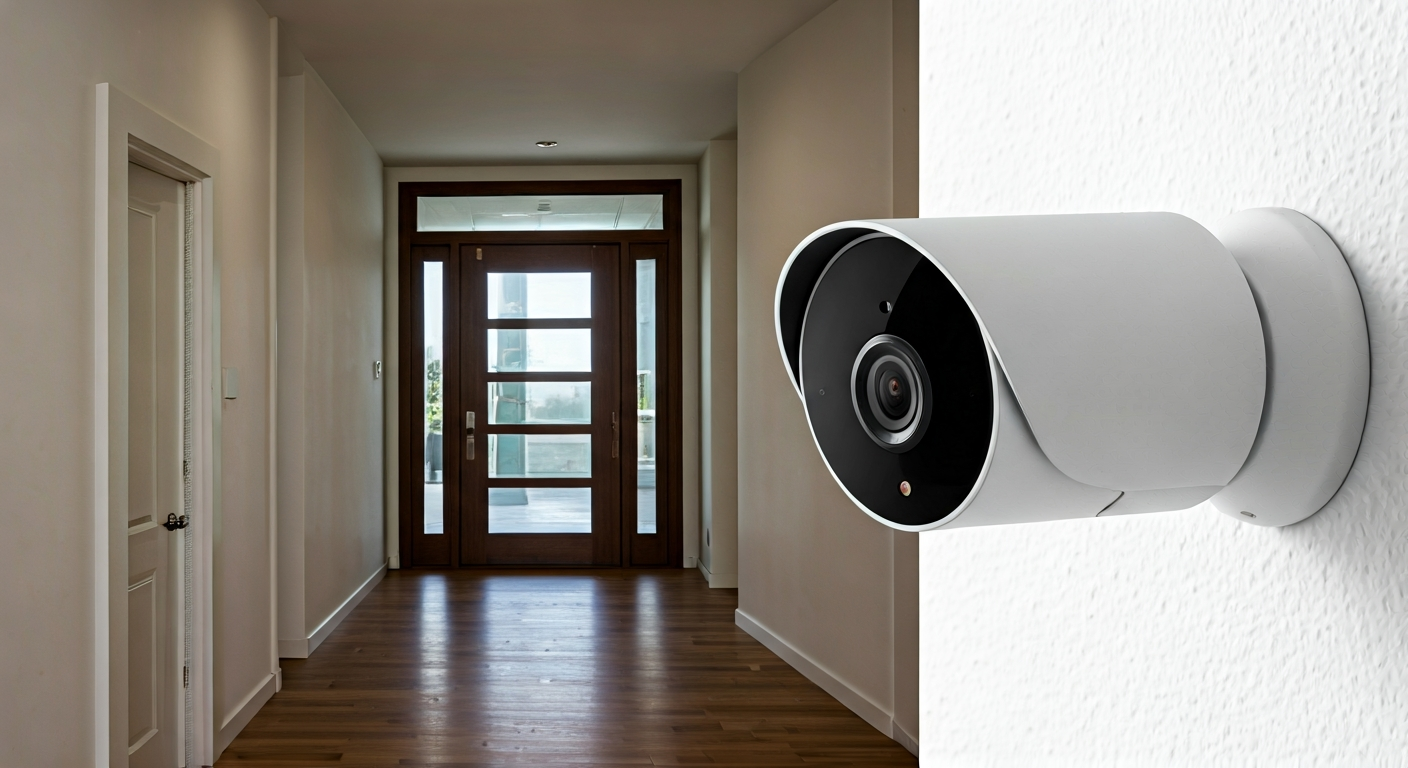 Close-up photo of a discreet wireless security camera mounted on a wall, capturing a clear view of a