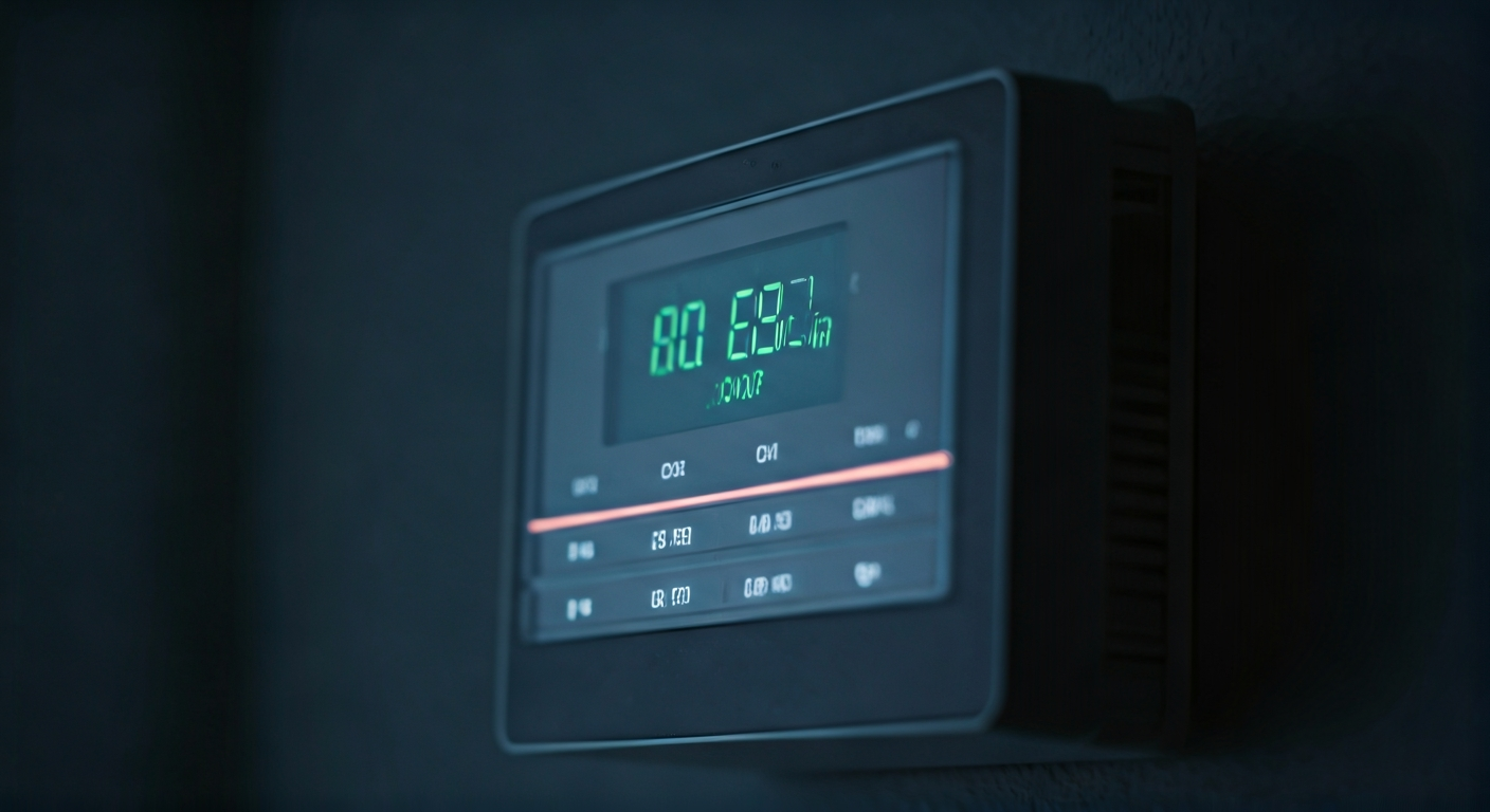 Close-up, professional photograph of a modern home security alarm panel with a clear, illuminated di