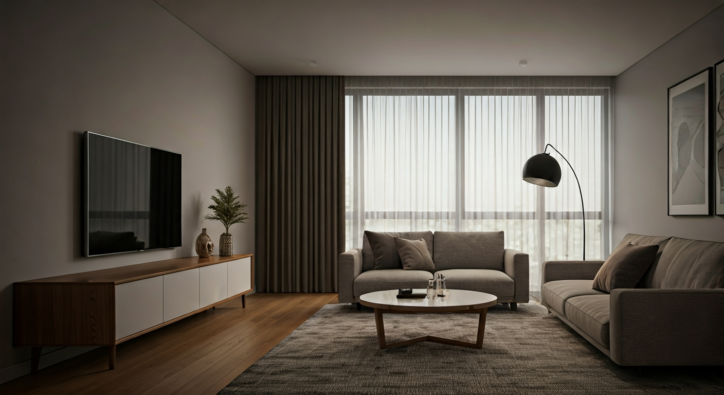 Professional, well-lit interior photograph of a living room with discreetly placed security cameras