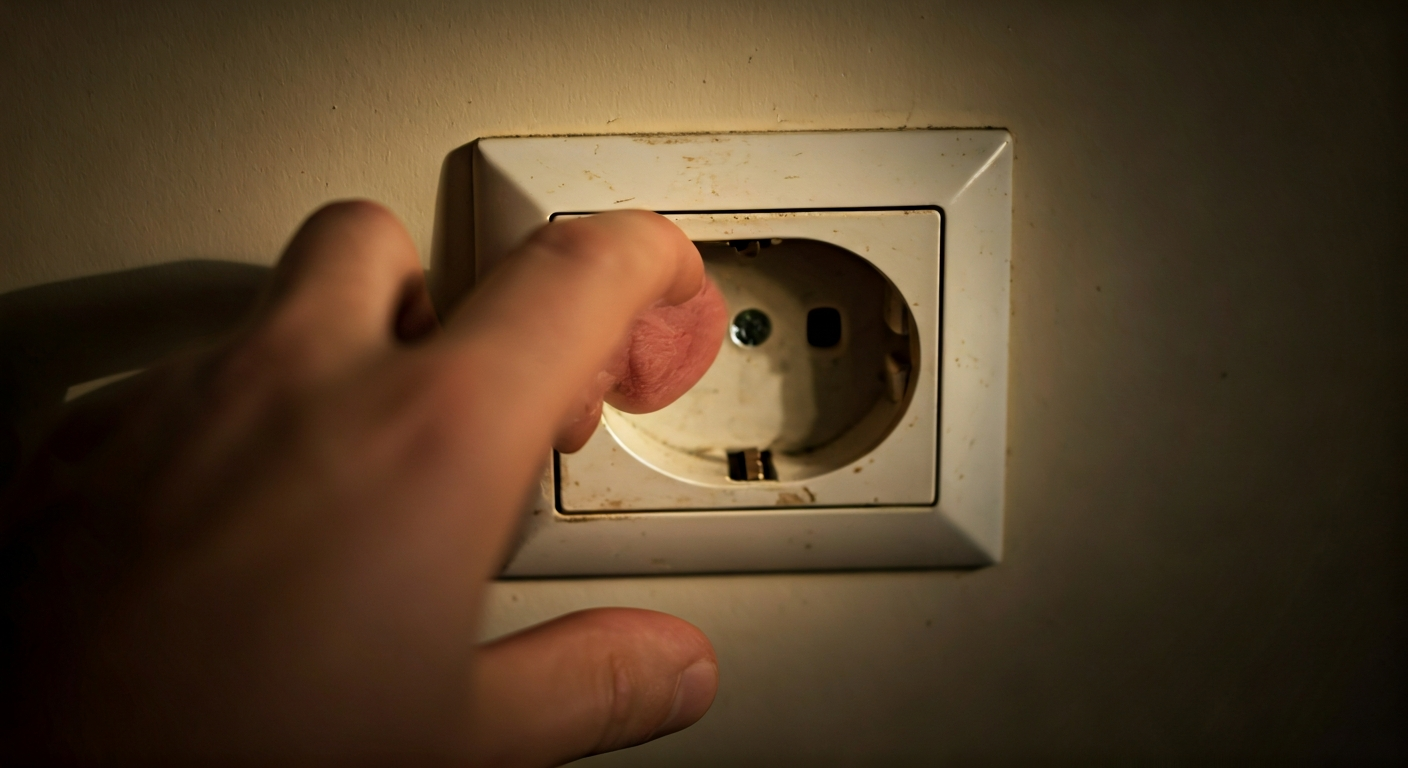 Close-up professional photo of a hand cautiously approaching an electrical outlet that shows slight