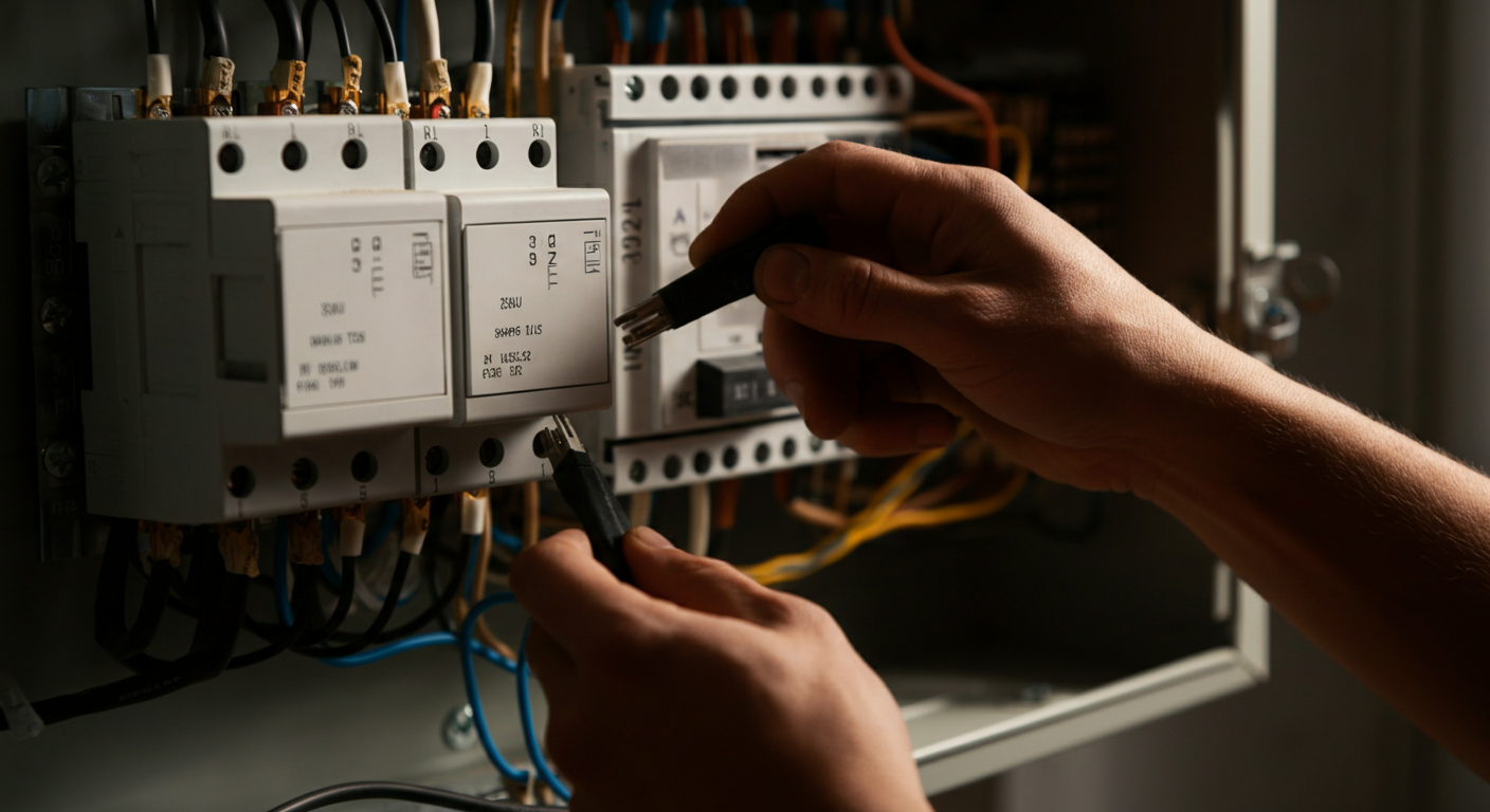 Professional photo of an electrician's hands carefully inspecting a residential electrical panel, wi