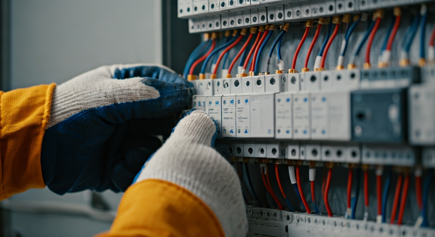 Close-up photo of a professional electrician's hands carefully connecting wires inside a modern, cle