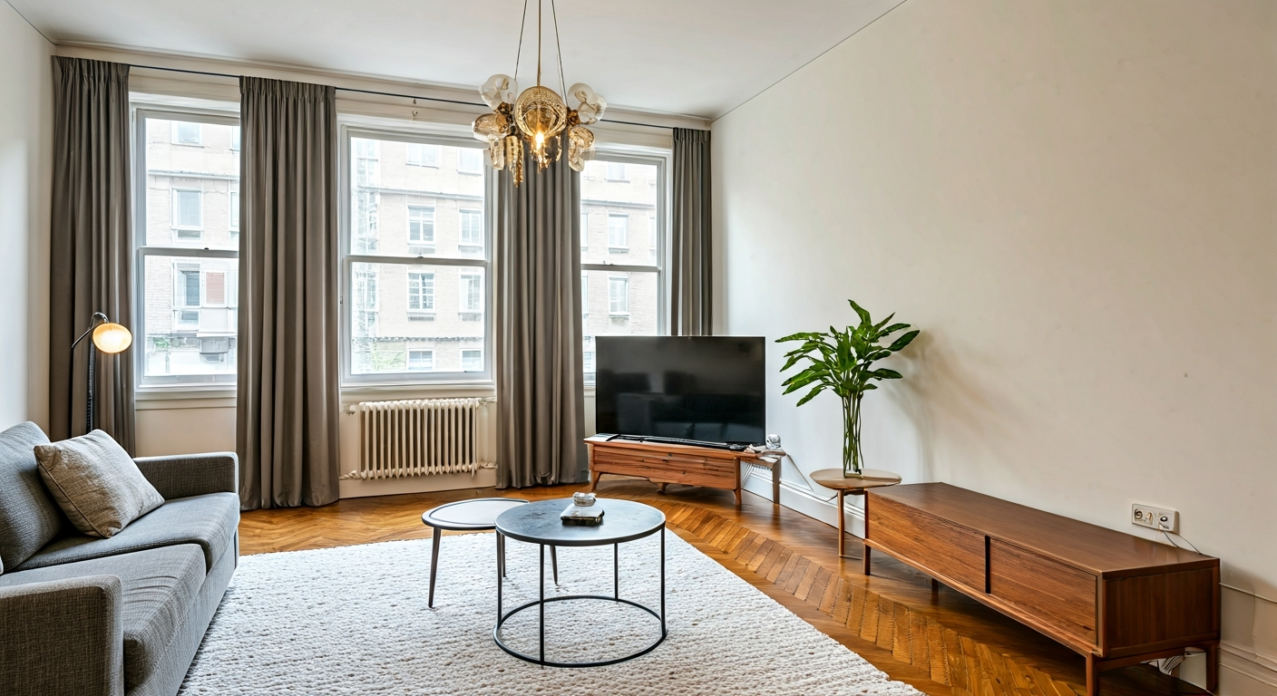 Professional photo of a living room in an older apartment that has been subtly modernized, focusing