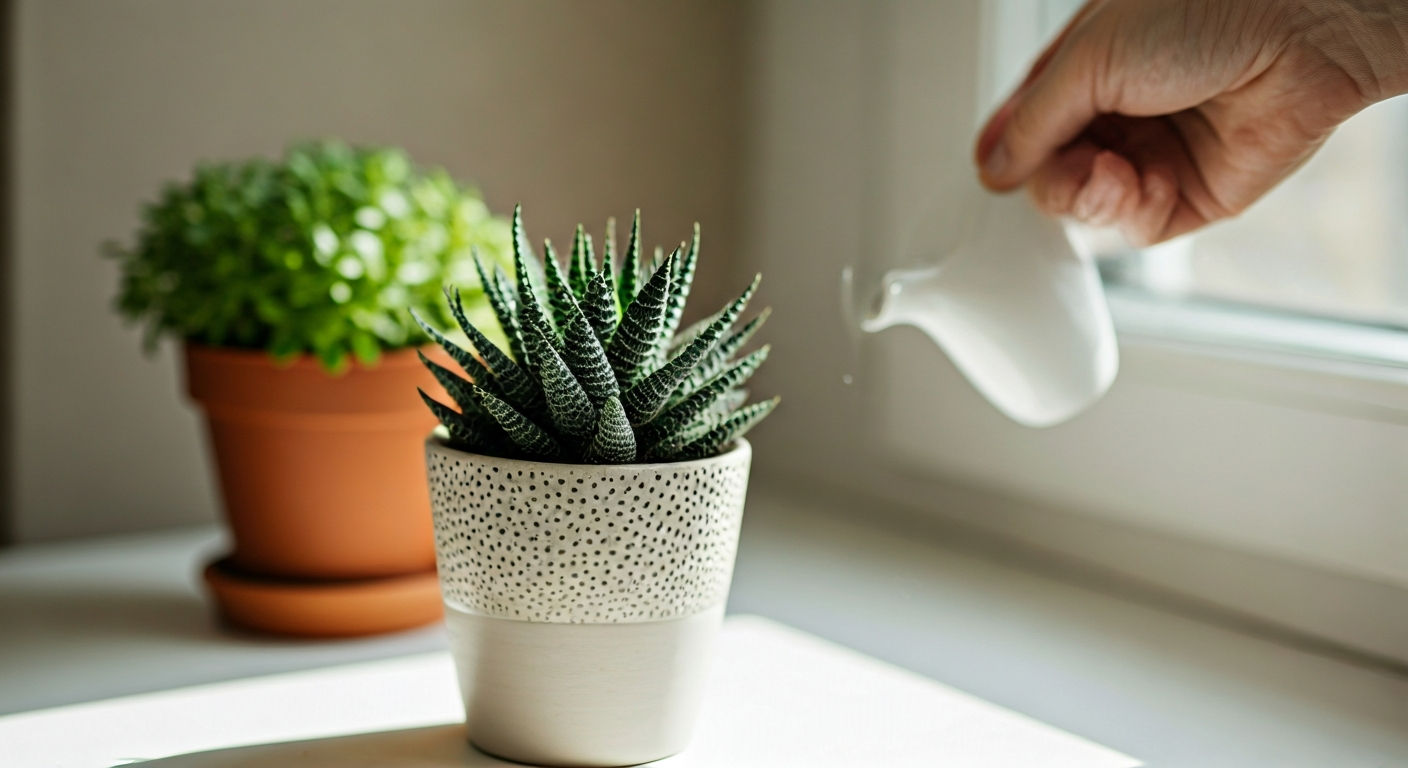 Close-up professional photo of a hand gently watering a vibrant green plant in a stylish ceramic pot