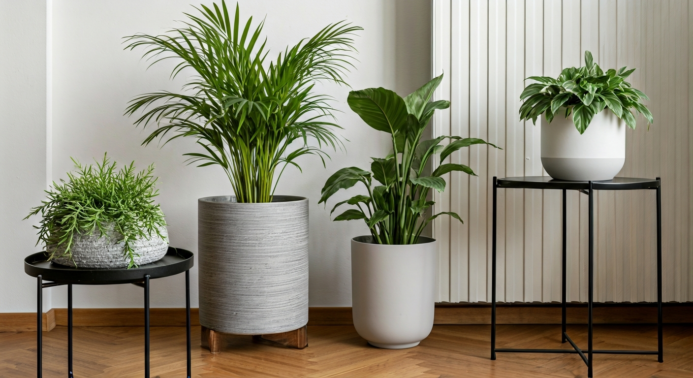 Professional photo showcasing a corner of a small apartment decorated with a variety of indoor plant
