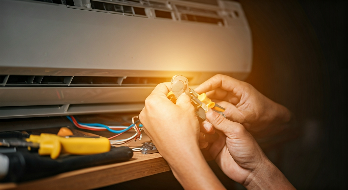 Professional photo of an electrician's hands working on wiring for an air conditioner installation,