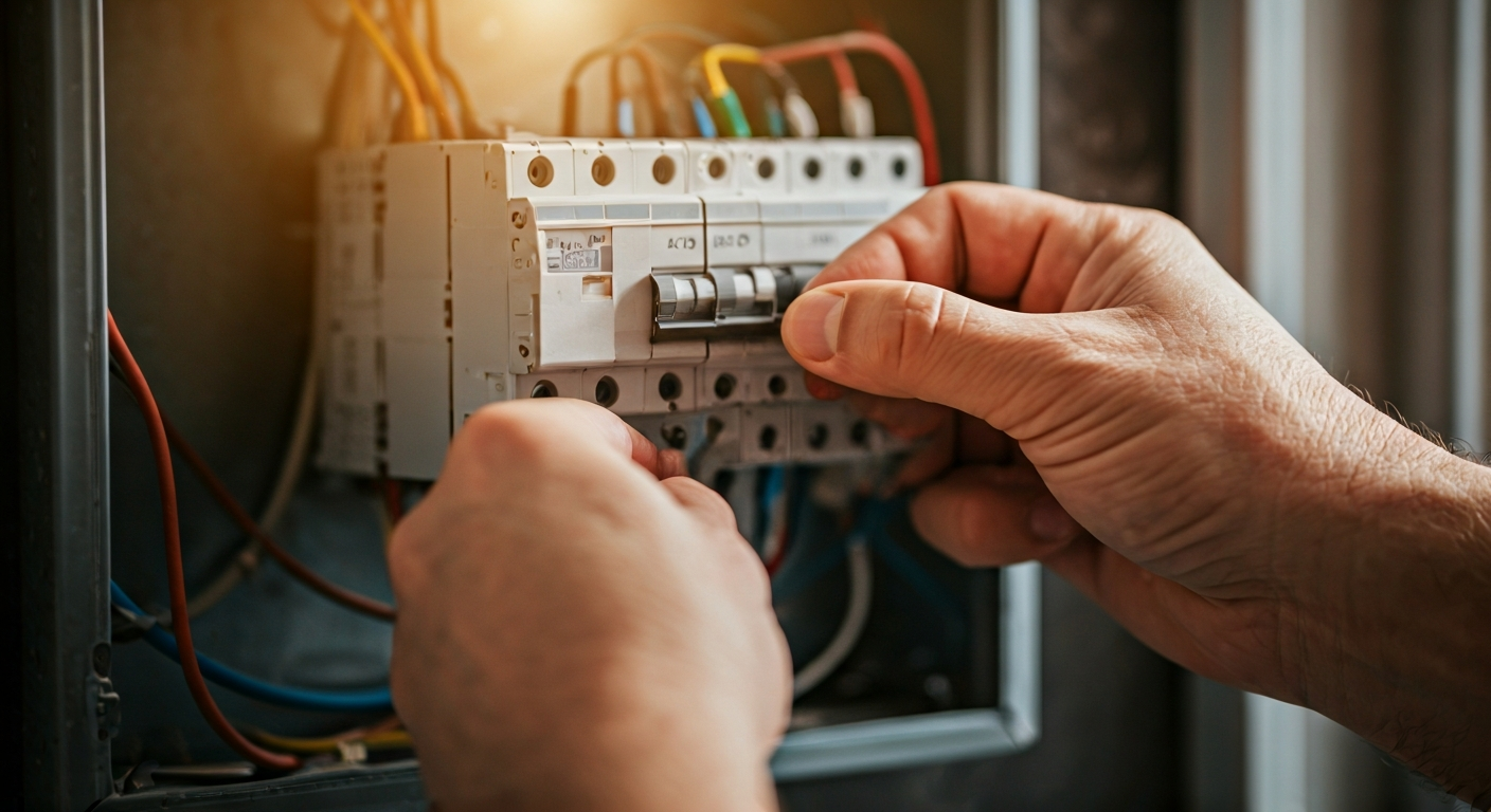Close-up, professional photograph of a hands-on electrician carefully connecting wires to a circuit