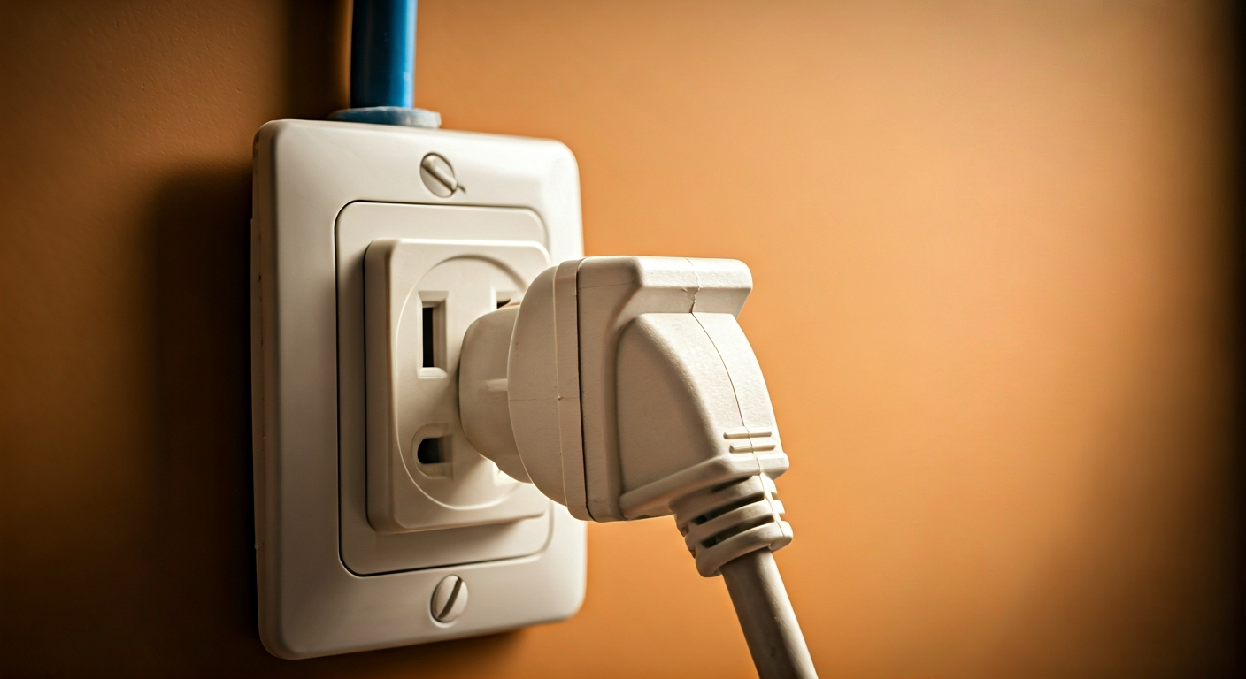Professional photograph of a residential electrical outlet with a dedicated plug for an air conditio