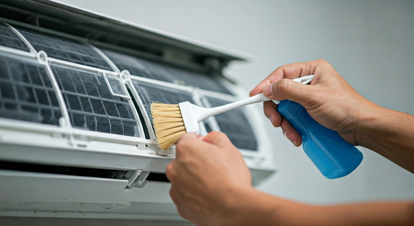 Close-up professional photo of a technician's hands carefully cleaning the filter of a split system