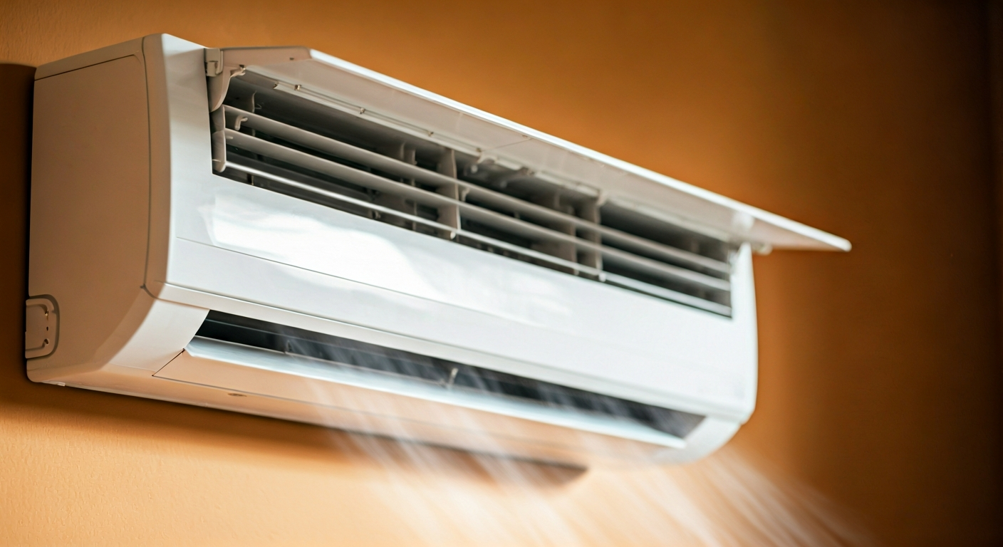 Professional photo showing a clean and well-maintained split system air conditioner unit, with its l