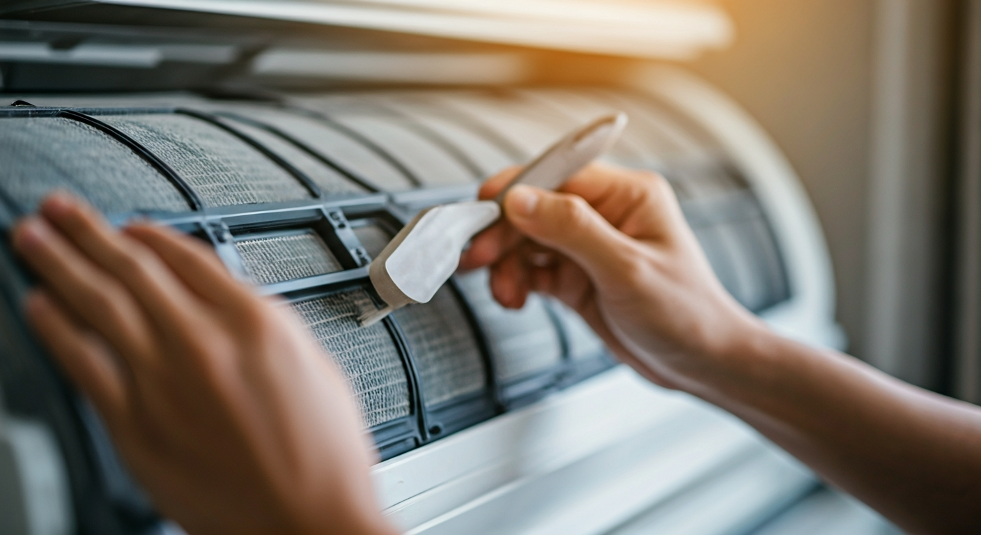Close-up professional photo of hands carefully cleaning air conditioner filters with a soft brush, s