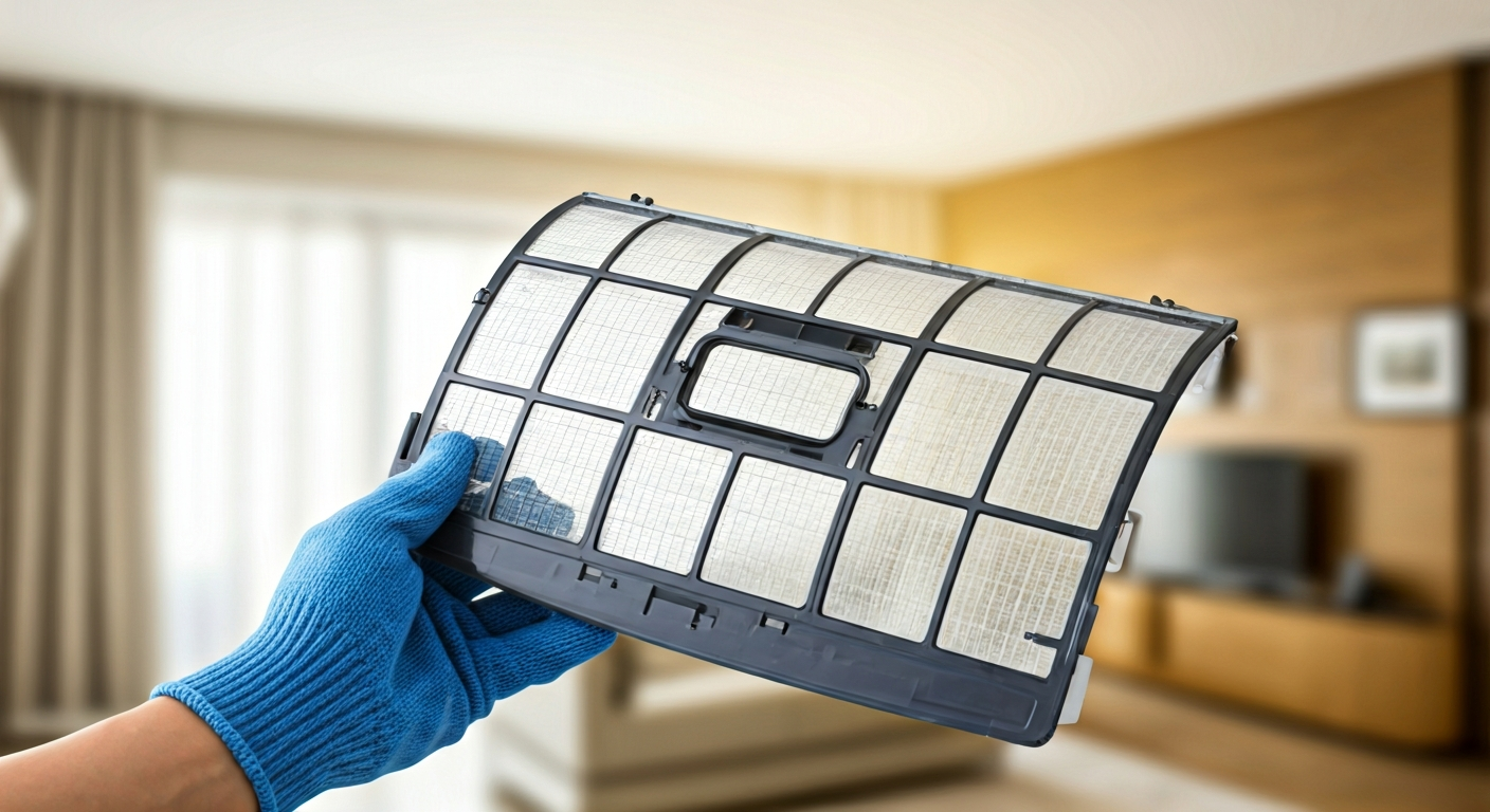Professional photo of a technician holding a clean air conditioner filter, showing it against a blur
