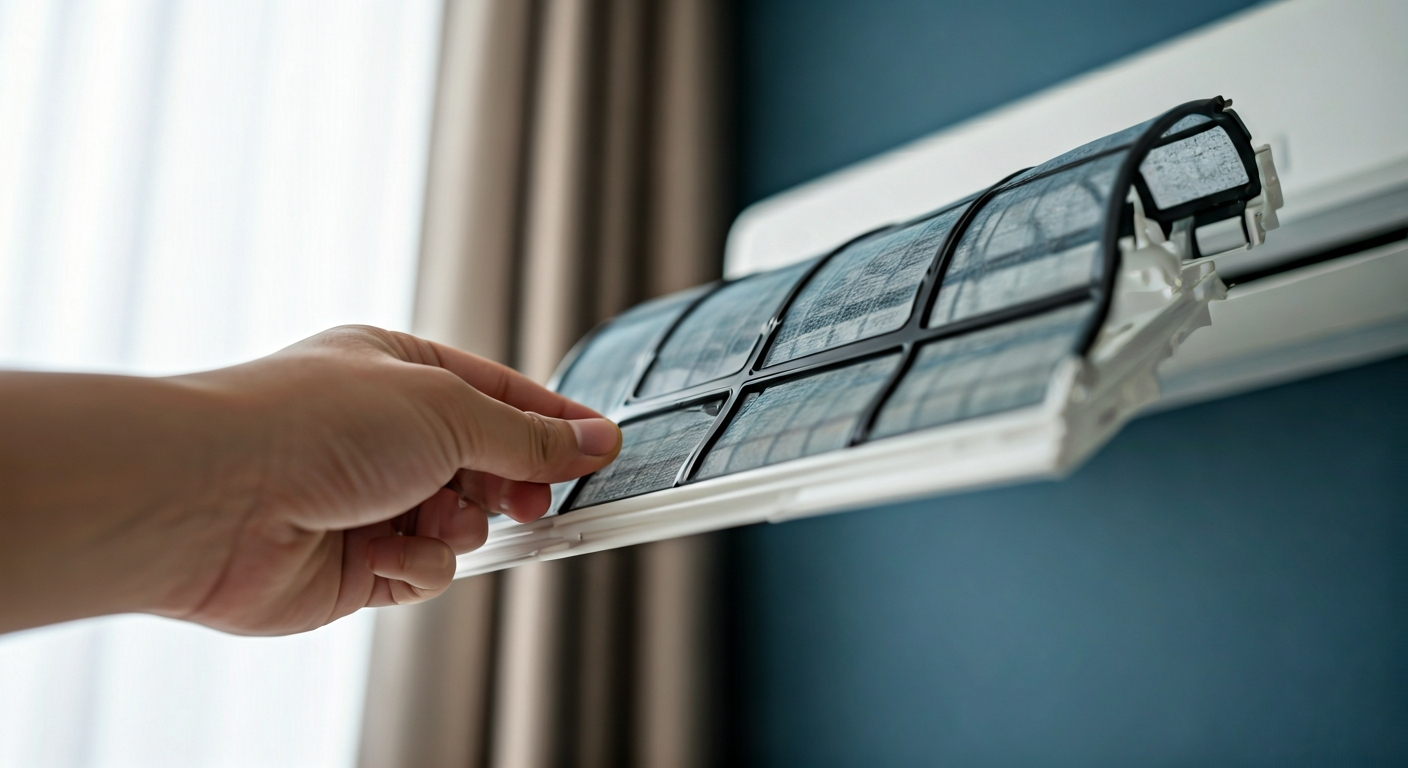 Close-up professional photograph of a hand carefully removing a clean air conditioner filter, highli
